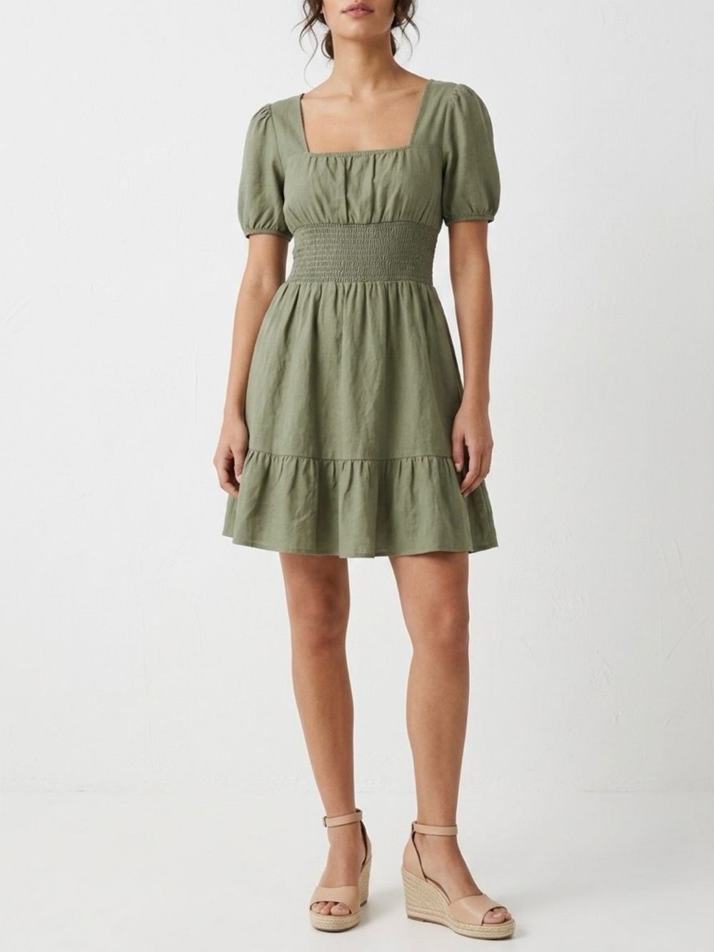 Olive green casual mini dress summer spring short sleeves square neckline sz S